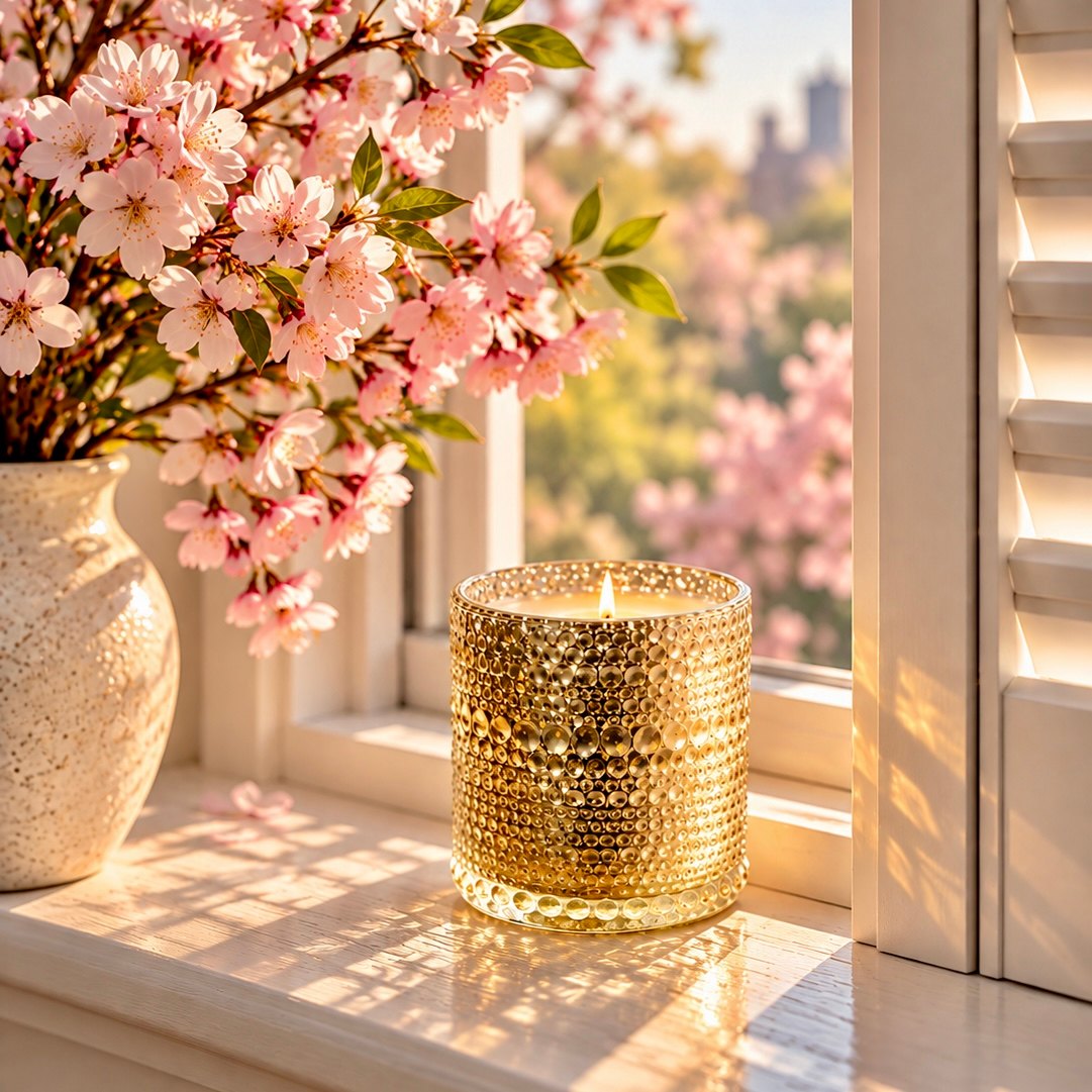 A lit candle in a gold hobnail glass jar on a sunny windowsill, beside a vase of pink blossoms.