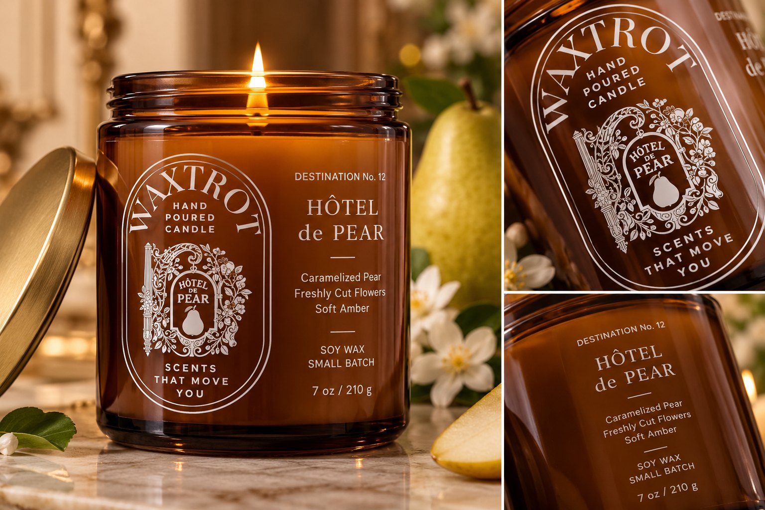 An amber candle jar with a “Hôtel de Pear” label — Caramelized Pear, Freshly Cut Flowers, Soft Amber — shown whole and in two close-ups.