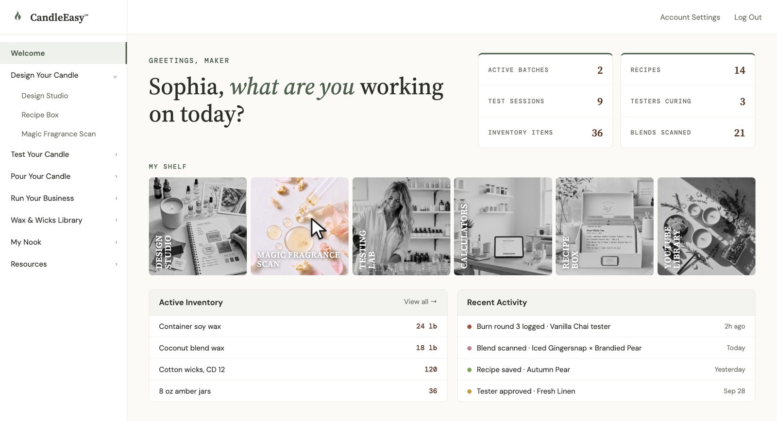 A preview of the CandleEasy app’s welcome dashboard: a sidebar menu, the greeting “Sophia, what are you working on today?”, counters for batches, tests, inventory, recipes, curing testers and scanned blends, a shelf of tool tiles, and panels for inventory and recent activity.