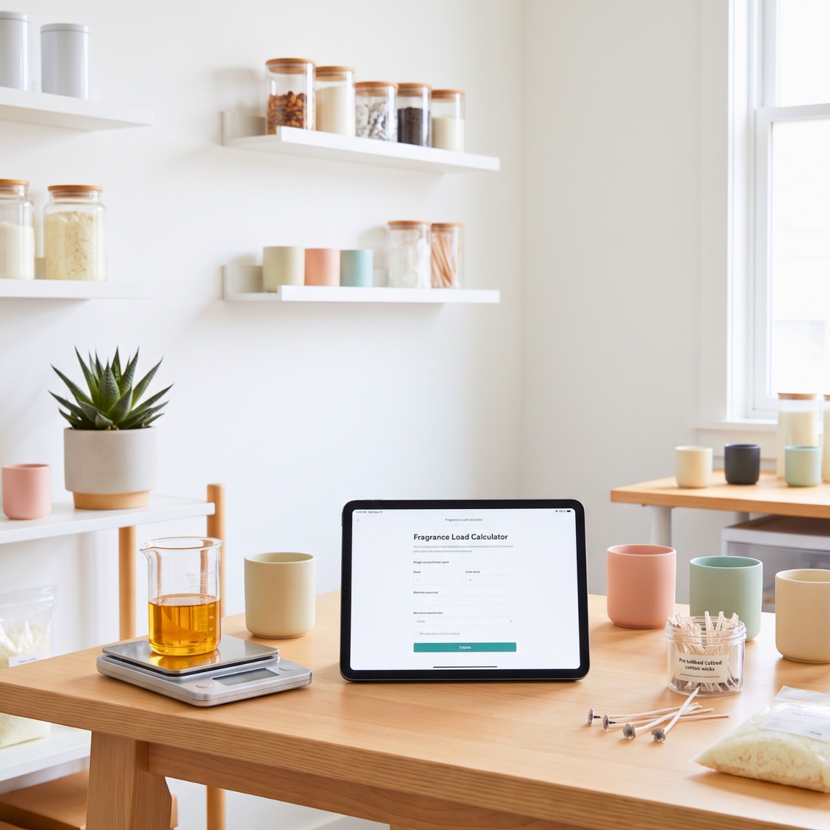 A candle studio workbench with a tablet showing a fragrance load calculator, a scale and jars.