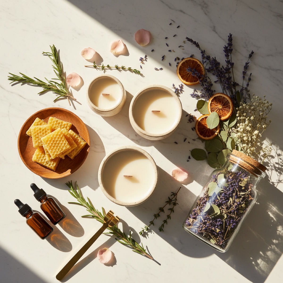 Hand-poured candles in stone vessels on a marble counter, with wax, dried orange slices, lavender and fragrance oil bottles.