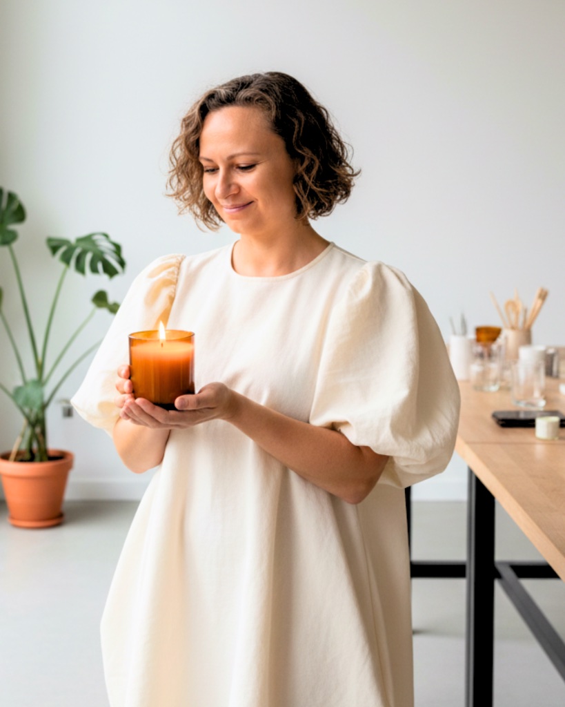 Leah, founder of CandleEasy, holding a lit amber candle in her studio.