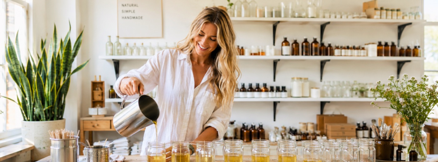 A candle maker pouring wax into rows of jars in a bright studio.